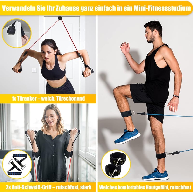 COFOF Ellenállás Gumiszalag Készlet 5 Színben - 150 lbs Erősítő Edzőszalag Szett Fogantyúval, Bokapánttal, Ajtórögzítővel - Pilates, Erőnlét