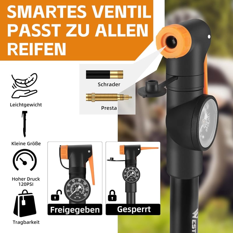 Westgirl Kompakt Kerékpárpumpa Nyomásmérővel, 120 PSI, Presta és Schrader Szelepekhez