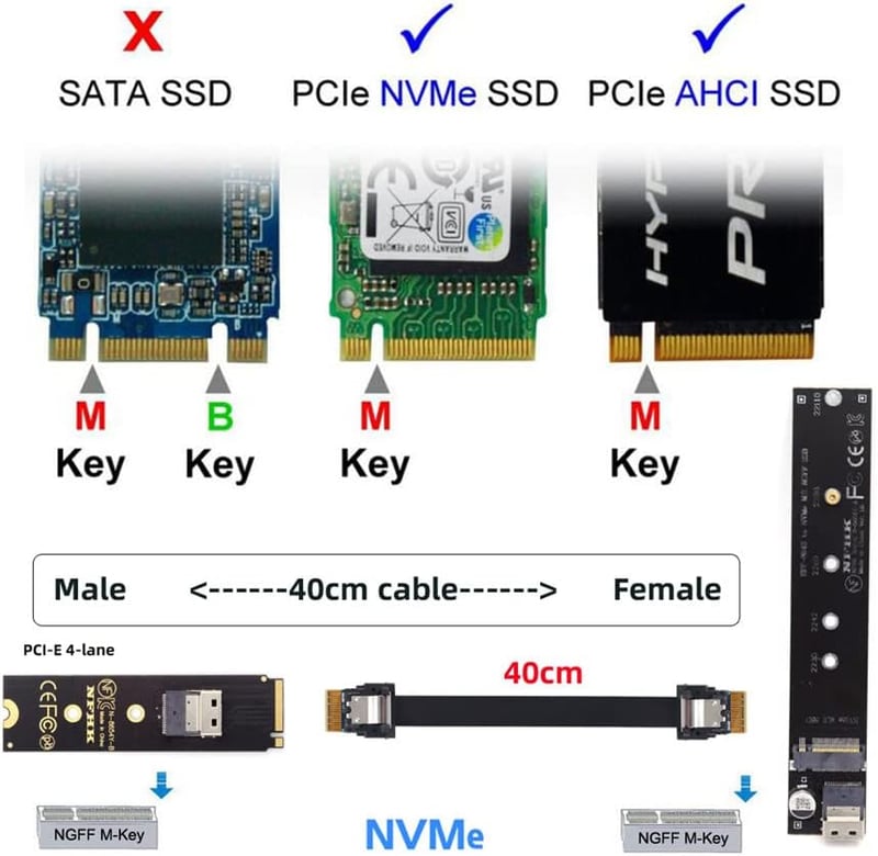 Xiwai NVME M.2 SSD hosszabbító kábel 40cm, SFF-8654 csatlakozóval