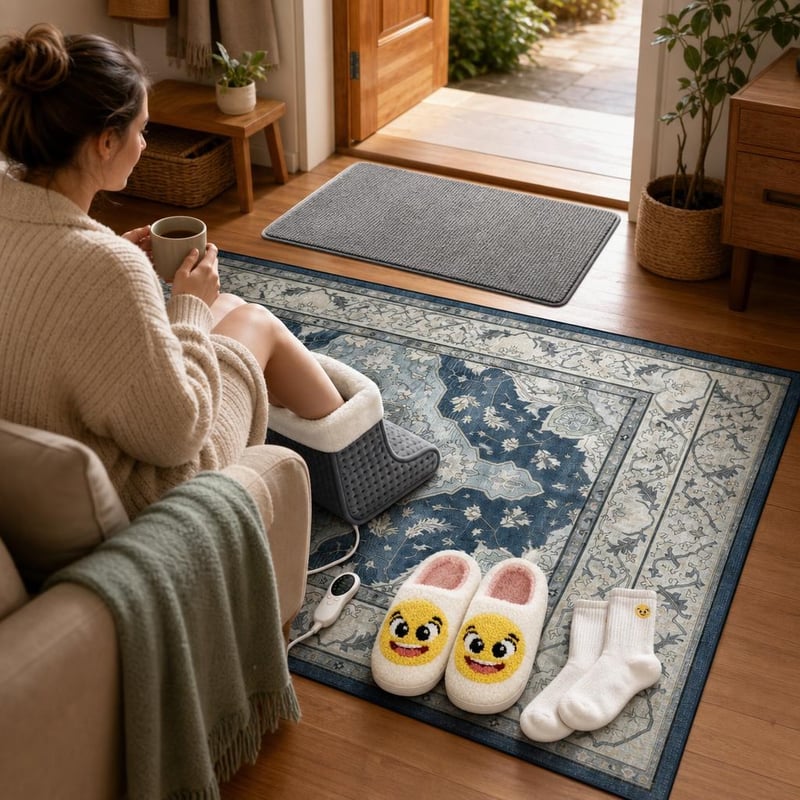 Mezítlábas szőnyegkomfort: 160x230 szőnyeg + 60x120 lábtörlő + elektromos lábmelegítő + 36-37 papucs-zokni
