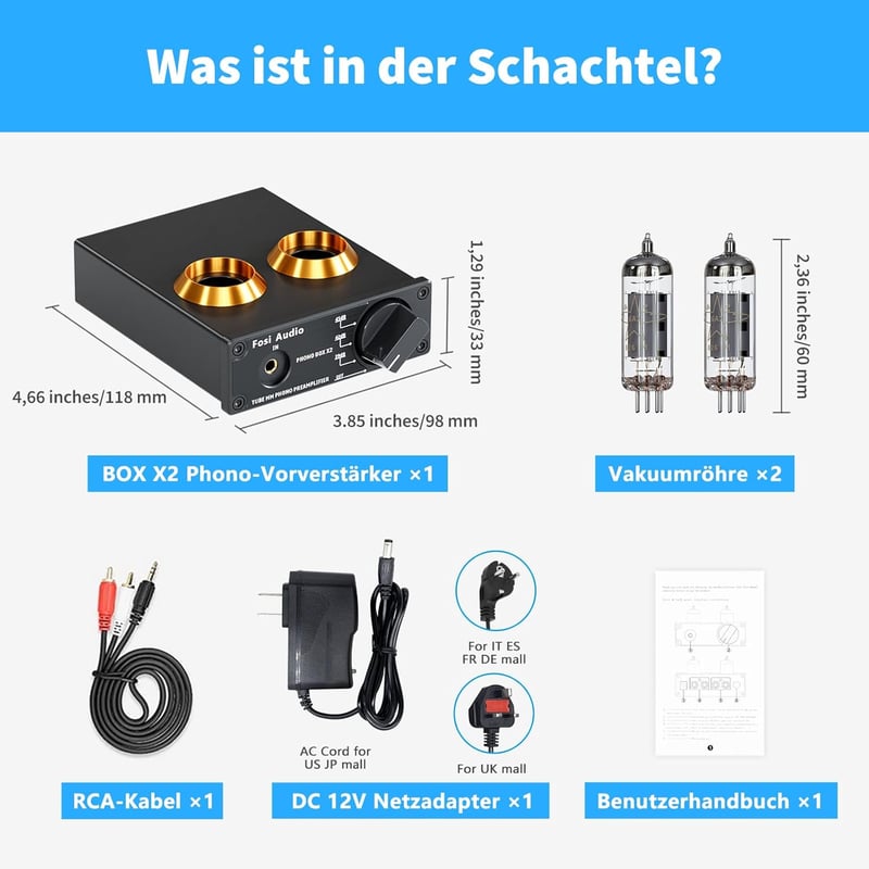 Fosi Audio BOX X2 MM lemezjátszó előerősítő, cserélhető csővel és erősítésszabályzóval