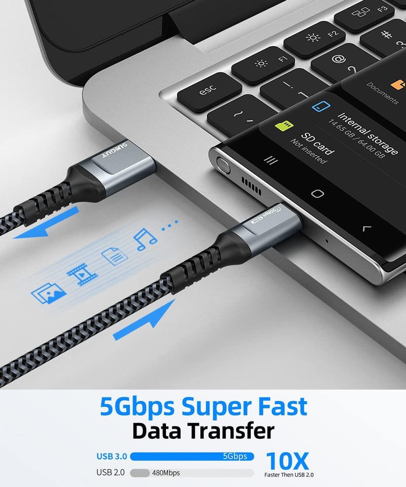 SUNGUY USB 3.0 - USB C Gyorstöltő Kábel 30cm, 5Gbps Adatátvitel, Univerzális