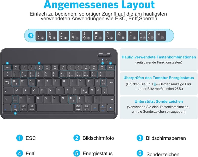 Emetok Német QWERTZ Bluetooth Billentyűzet iPad/iPhone/Android Készülékekhez, Nagyobb Billentyűkkel, Újratölthető, Ultravékony, Fekete