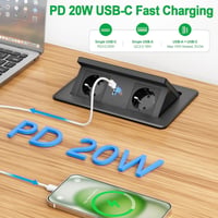 HANNELORE Süllyeszthető Asztali Elosztó 2 Aljzattal, 20W USB-C PD Gyorstöltővel és 15W Vezeték Nélküli Töltővel, 1,8m Kábel, Fekete 4