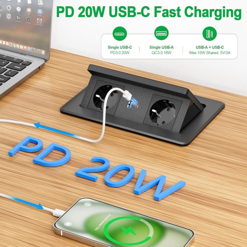 HANNELORE Süllyeszthető Asztali Elosztó 2 Aljzattal, 20W USB-C PD Gyorstöltővel és 15W Vezeték Nélküli Töltővel, 1,8m Kábel, Fekete