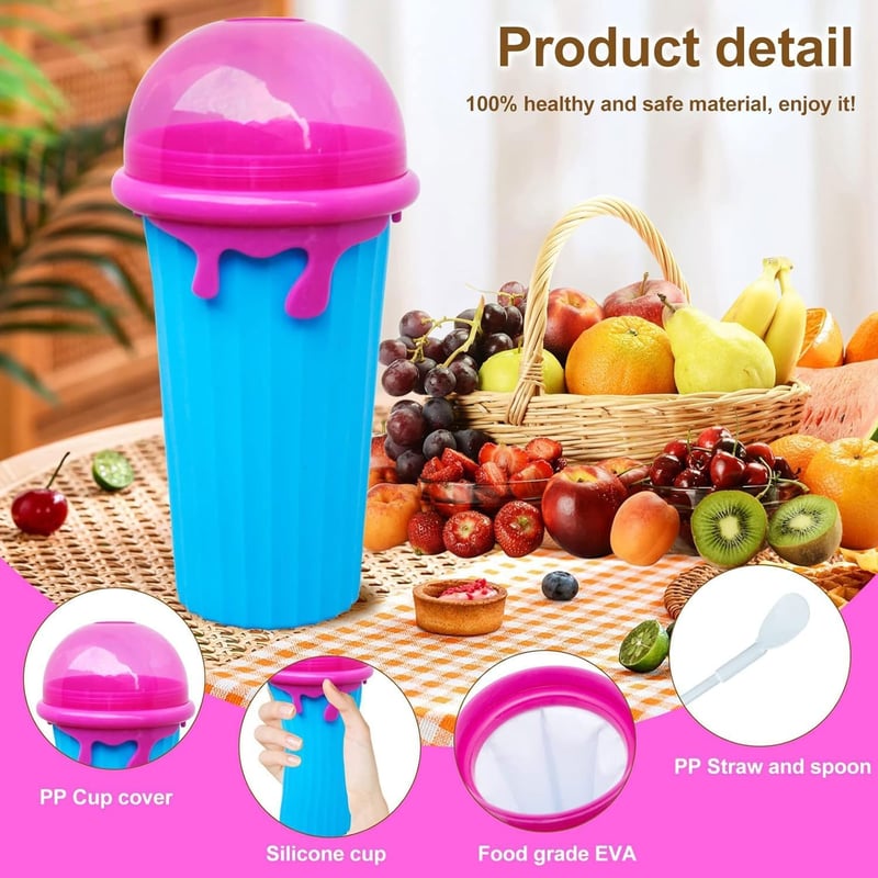 Shengruili Jégkása Készítő Pohár Szett - 2db 500ml Szilikon Nyomható Pohár Smoothie Készítéshez, Újrahasználható Jégkása Maker Szívószállal 