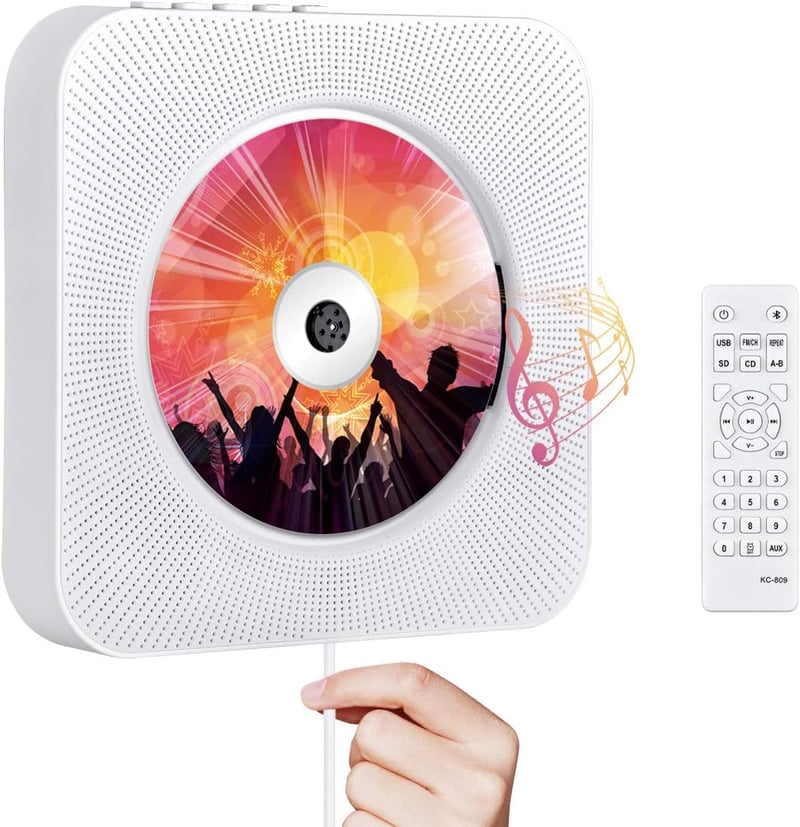 Qoosea Hordozható CD Lejátszó Bluetooth HiFi Hangszóróval - Falra Szerelhető Zenelejátszó FM Rádióval, Távirányítóval és MP3 Csatlakozóval