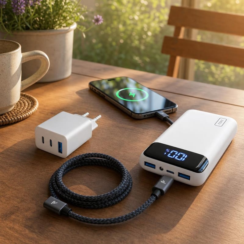 Úti energiamentő: 1 m USB-C kábel + 58 W többportos töltő + 20000 mAh power bank