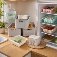 Kuchynský organizér set: 1x košík + 3x ratanový box + 4x organizér do chladničky + keramická dóza 1