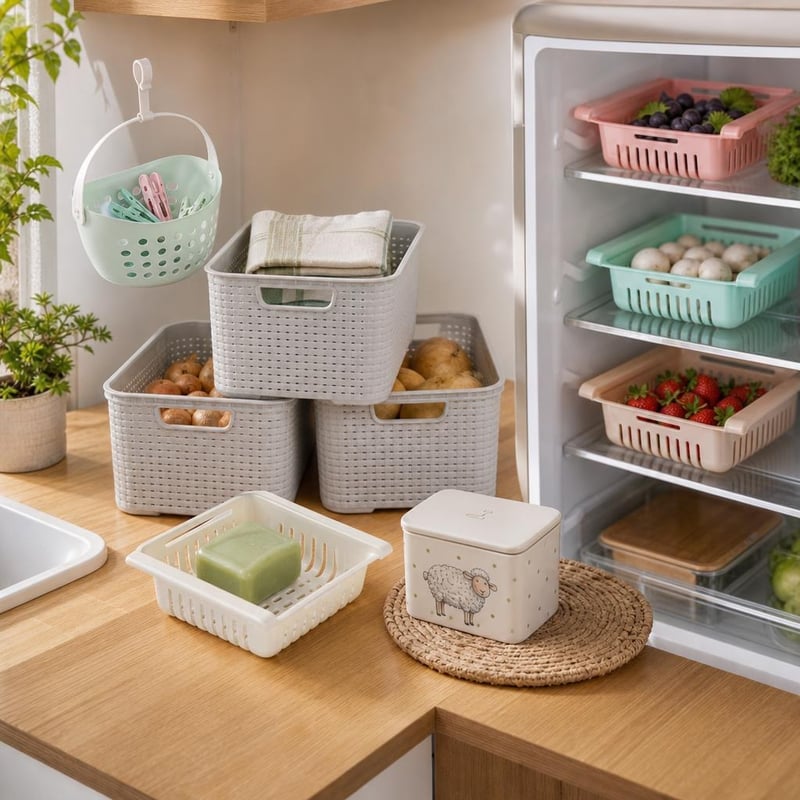 Kuchynský organizér set: 1x košík + 3x ratanový box + 4x organizér do chladničky + keramická dóza