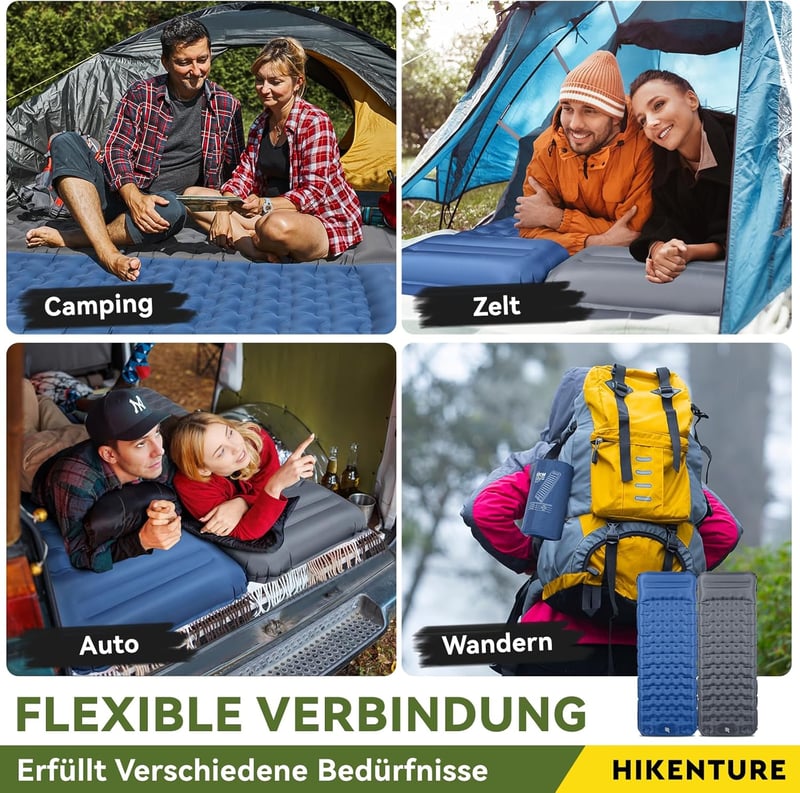 HIKENTURE Önfelfújó Kempingmatrac 13 cm Vastag, Párnával és Lábpumpával - Ultrakönnyű Túramatrac Kempingezéshez, Kiránduláshoz, 200x66 cm