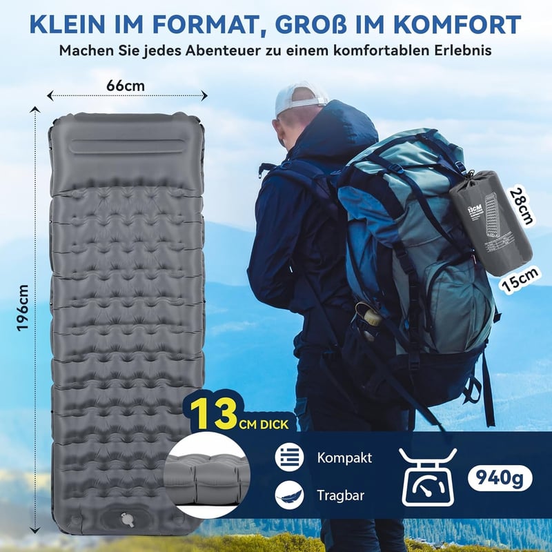 HIKENTURE Önfelfújó Kempingmatrac 13 cm Vastag, Párnával és Lábpumpával - Ultrakönnyű Túramatrac Kempingezéshez, Kiránduláshoz, 300 kg Teher