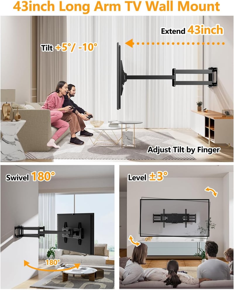 FORGING MOUNT TV Fali Tartó 109 cm Dupla Karos Konzol 50-90" Lapos/Ívelt TV-hez, 75 kg Teherbírás, Dönthető, Forgatható, VESA 600x400mm