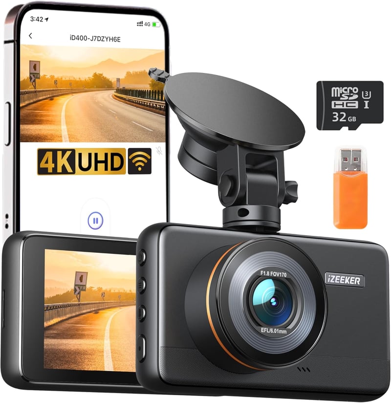 iZEEKER 4K Autós Fedélzeti Kamera WiFi Funkcióval, 2160P Felbontás, 32GB Kártyával, Éjjellátó, Hurokfelvétel, G-Szenzor, 24 Órás Parkolóőr