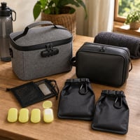 Putni higijenski set: 2x vrećica za sapun + 4x kutijica sapuna u listićima + toaletna torbica + torbica protiv 1