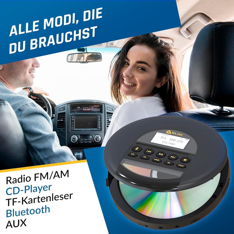 KLIM Nomad Hordozható CD Lejátszó Bluetooth - Hosszú Üzemidejű Akkumulátor, Fejhallgatóval, CD-R/RW/MP3 Támogatás, TF Kártyaolvasó, FM Rádió