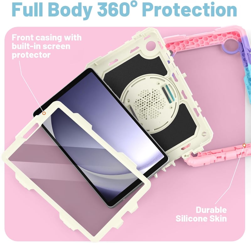 SEYMAC Samsung Galaxy Tab A9 8.7" (2023) Védőtok - 360° Forgatható Állvánnyal, Beépített Képernyővédővel, Vállpánttal és Tolltartóval - Tere