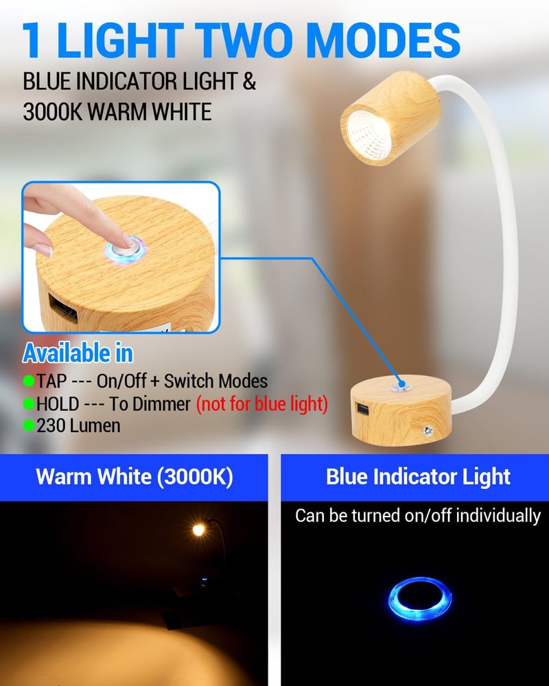 SUPAREE 12V LED lámpa lakóautóba, USB-vel, szabályozható, meleg fehér és kék fénnyel