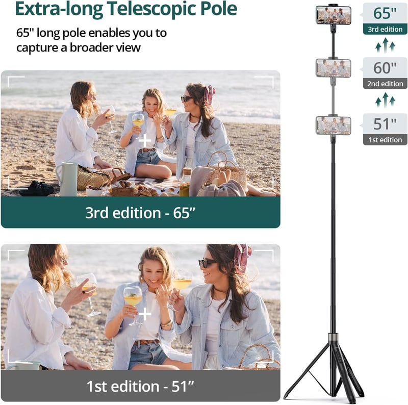 ATUMTEK 165 cm Szelfi Bot Tripod Állvánnyal - Levehető Bluetooth Távirányítóval, iPhone és Android Telefonokhoz, Videózáshoz, Vlogoláshoz, É