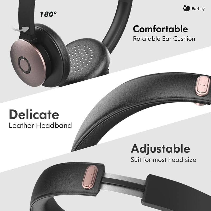 Earbay Bluetooth Headset Mikrofonnal - Zajszűrős, USB-s Vezeték Nélküli Fejhallgató PC-hez, Rózsaarany