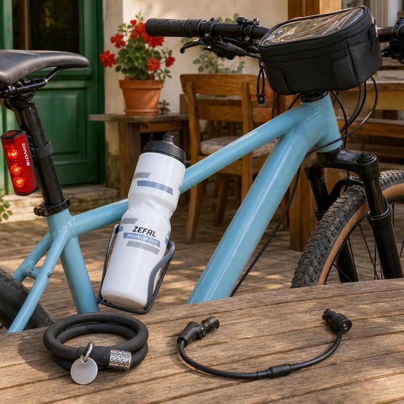 Štartovací balík pre cyklistov: 1x fľaša + zámok + svetlo + taška + adaptér