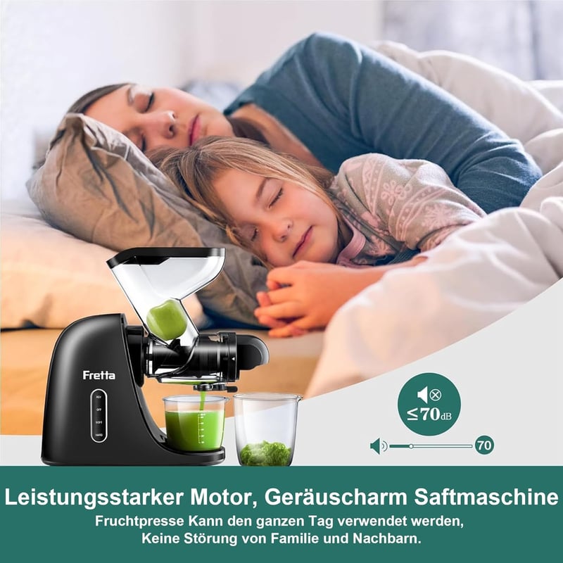 Fretta Slow Juicer Gyümölcs- és Zöldségprés 200W - Széles 76mm Adagolónyílás, Hidegprés Technológia, Könnyen Tisztítható Fekete Gyümölcsfacs - Black