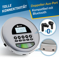 KLIM Nomad Hordozható CD Lejátszó Bluetooth - Hosszú Üzemidejű Discman Fülhallgatóval, CD-R/RW, MP3, TF Kártyaolvasó, FM Rádió - Autóba Ideá 7