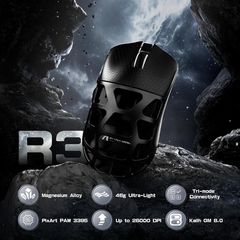 ATTACK SHARK R3PRO Ultrakönnyű Gamer Egér, 46g Magnézium Ház, 8000Hz Vezeték Nélküli, 26000 DPI, PixArt PAW3395 Szenzor, Spirál Kábel, PC/Mac