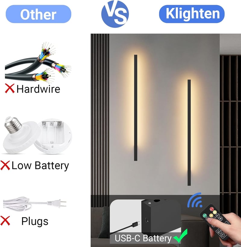 Klighten Akkumulátoros Fali Lámpa 2db - 10000 mAh Tölthető, Távirányítós, Fényerőszabályozós, 100 cm, 6W, 3000K-6000K, Fekete, Nappali Világ
