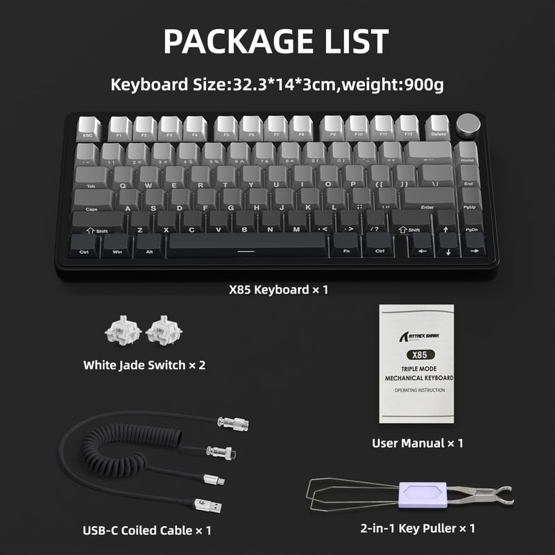 AJAZZ x Attack Shark X85 Mechanikus Gamer Billentyűzet, 75% Vezeték Nélküli, 5 Rétegű Hangtompítás, PBT Billentyűk, RGB, Hot-Swap, PC/Mac