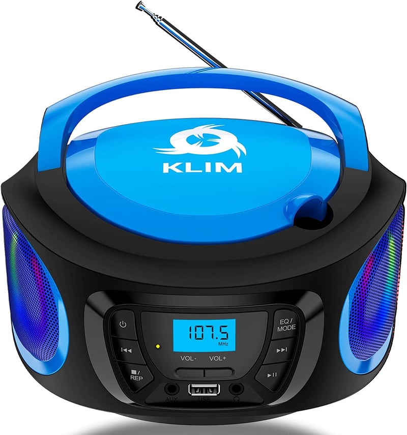 KLIM Boombox Hordozható CD Lejátszó - FM Rádió, Bluetooth, MP3, USB, AUX - Újratölthető Akkumulátor, Kompakt Kialakítás, RGB Világítás - Kék