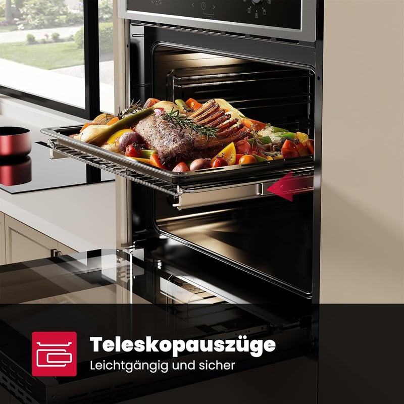 GASLAND ES609321DSH Beépíthető Sütő 70L - 9 Funkciós Elektromos Sütő Forrólevegővel, Teleszkópos Sínnel, Rozsdamentes Acél, Gyerekzárral