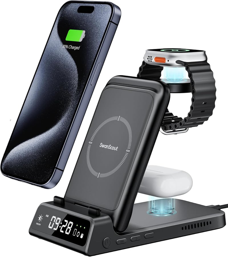 SwanScout 3az1-ben iPhone Apple Watch AirPods Pro vezeték nélküli töltőállomás fekete
