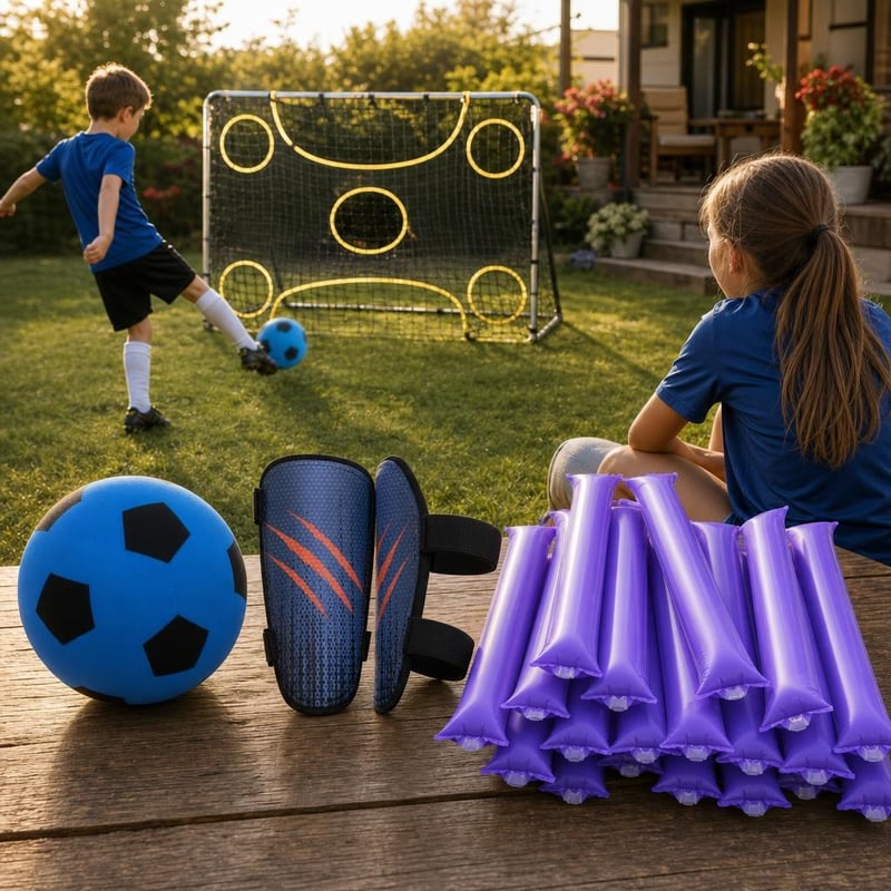 Set za nogometni trening: mekana lopta + štitnici + 20 navijačkih štapova + mreža za preciznost