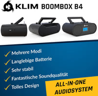 KLIM Boombox B4 Hordozható CD Lejátszó AM/FM Rádióval, Bluetooth, USB, MP3, AUX Funkcióval, Újratölthető Akkumulátorral és Távirányítóval, F 2