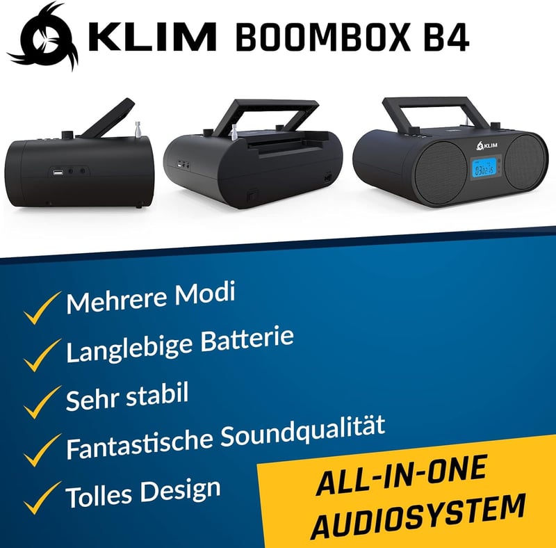 KLIM Boombox B4 Hordozható CD Lejátszó AM/FM Rádióval, Bluetooth, USB, MP3, AUX Funkcióval, Újratölthető Akkumulátorral és Távirányítóval, F