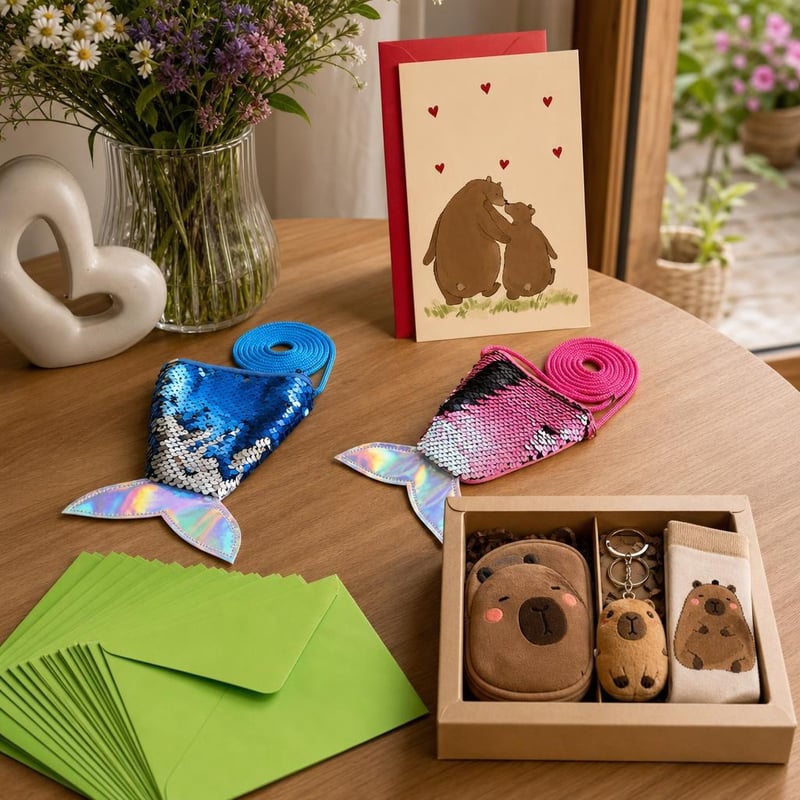 Čarobni poklon paket: 2x sirena torbica + 25x omotnica + čestitka + kapibara set