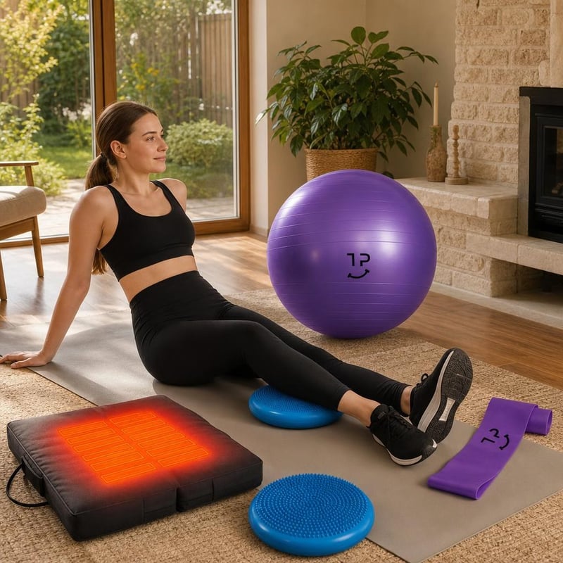 Regeneráló gyógytorna-élmény: 55 cm fitball szalaggal + tüskés masszázshenger + fűthető ülőpárna