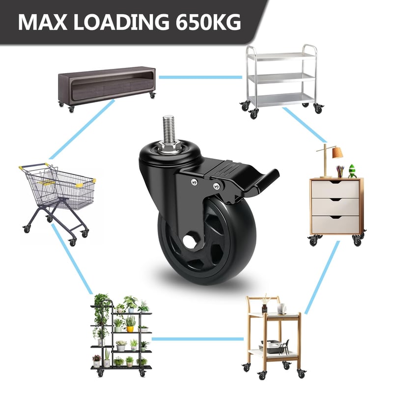 RRIUTO Bútor Görgő 125mm Fékkel - M10x30mm Csavaros Forgókerekek 360° Forgással - 4db Nagy Teherbírású PU Bútorkerék Szett 162,5kg Teherbírá
