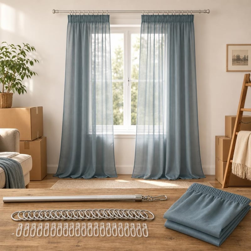 Ablakfrissítő függönycsomag: 100 cm csúsztatórúd + 2 db voile függöny + 50 db karika + 50 db kampó