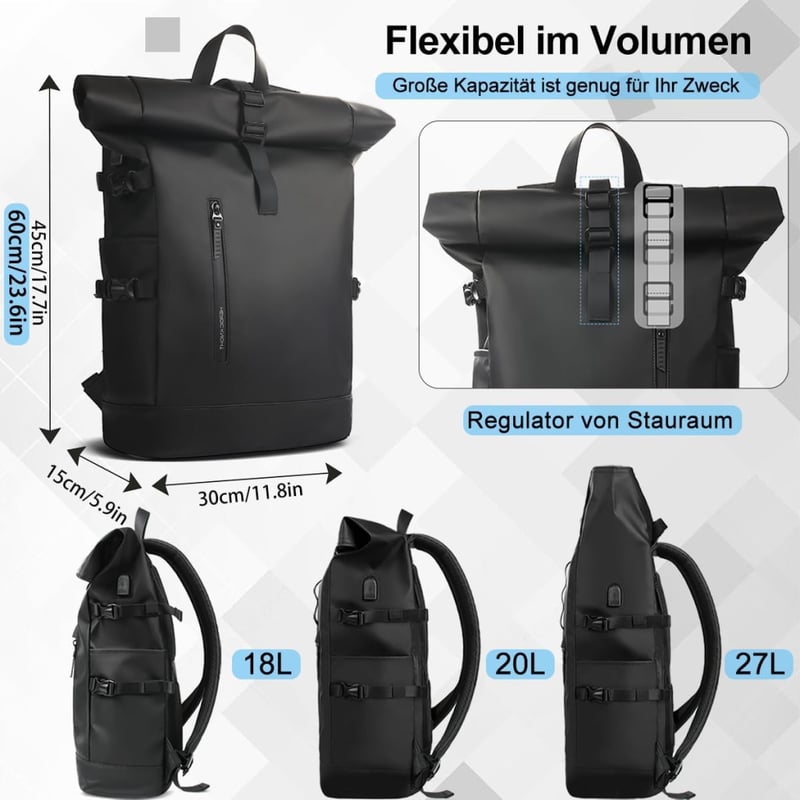 hk Rolltop Vízálló Hátizsák 27L - 15,6" Laptoptartóval, USB Porttal - Könnyű, Lopásbiztos Utazó/Iskolatáska Férfiaknak és Nőknek - Fekete