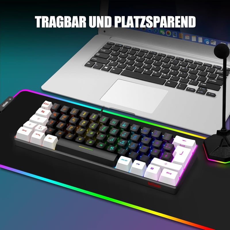 RedThunder 60% RGB Vezetékes Gamer Billentyűzet és Egér Szett, Mini Billentyűzet DE Kiosztással, 7200 DPI Ultrakönnyű Méhsejt Egér PC Mac PS