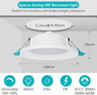 6 db Süllyesztett LED Spotlámpa 7W - Szabályozható Fényerejű, Ultra Vékony, IP44 Vízálló Mennyezeti Világítás 3 Színhőmérséklettel, 70-90m 6