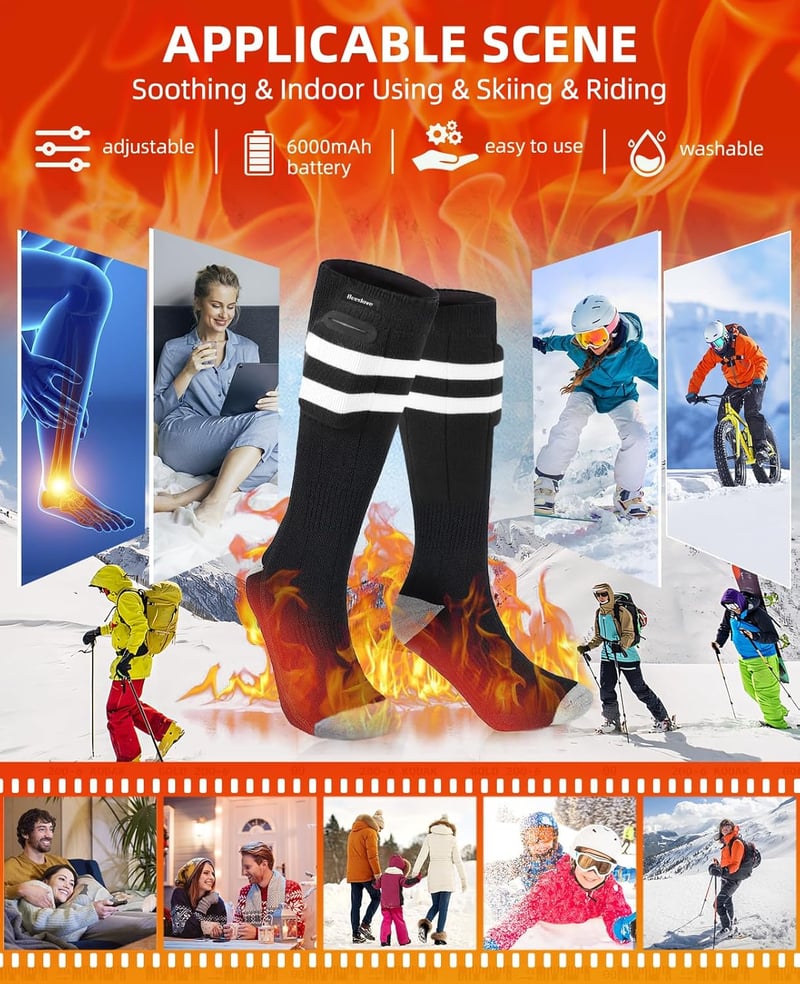 6000 mAh Heated Socks, Rechargeable Heating Socks with 4 Heat Settings & Latest Heated Toe Design, Heated Socks with Battery, USB Heated Foot Warmer, Electric Warm Winter Socks