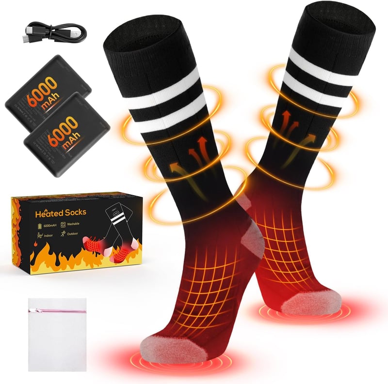 6000 mAh Heated Socks, Rechargeable Heating Socks with 4 Heat Settings & Latest Heated Toe Design, Heated Socks with Battery, USB Heated Foot Warmer, Electric Warm Winter Socks