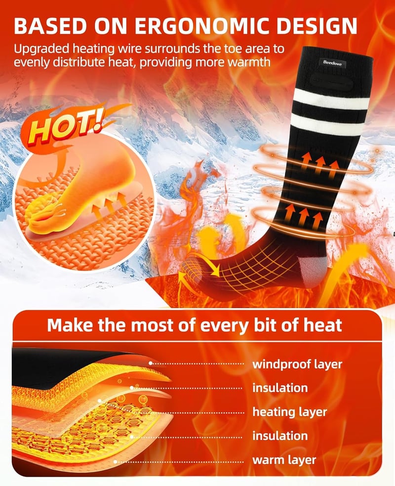 6000 mAh Heated Socks, Rechargeable Heating Socks with 4 Heat Settings & Latest Heated Toe Design, Heated Socks with Battery, USB Heated Foot Warmer, Electric Warm Winter Socks