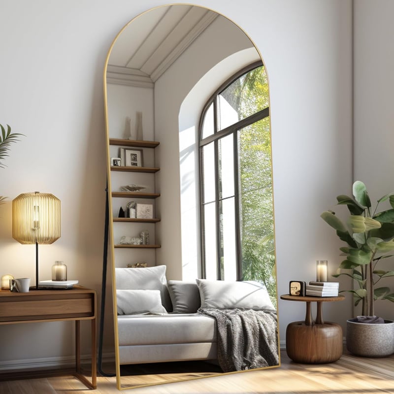 LunaMirror Ívelt Arany Álló Tükör 192x85 cm - Teljes Alakos Padlótükör Hálószobába, Nappaliba - Nagyméretű Fali Tükör Nano Üvegből Alumínium