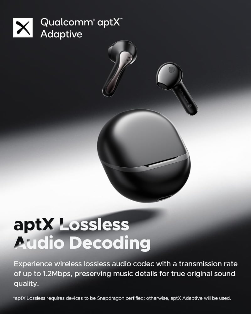 SoundPEATS Air5 Bluetooth Fülhallgató, Hi-Res/aptX Adaptive Veszteségmentes Hang, 13mm Meghajtó, 30 Órás Üzemidő, Adaptív Zajszűrés, Fekete