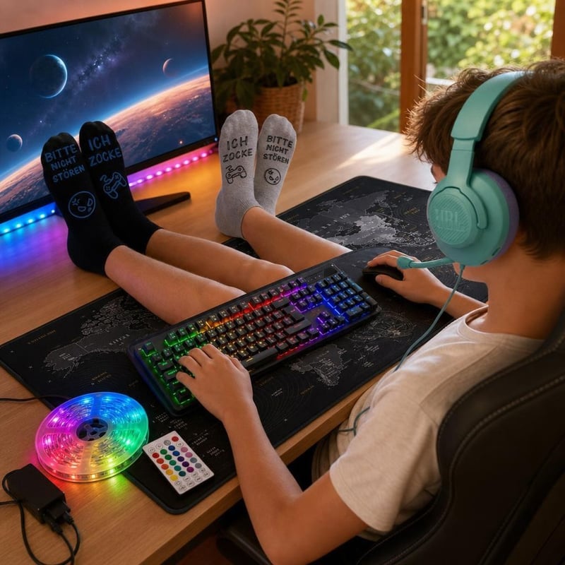 Gamer početni paket: 2 para čarapa + RGB tipkovnica + XXL podloga + 10m LED traka