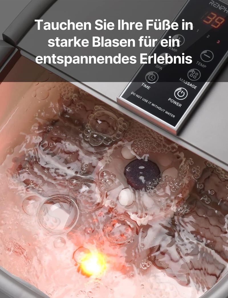 RENPHO Elektromos Lábfürdő Masszírozó Melegítéssel, Buborék Jetekkel és Vörös Fénnyel, Shiatsu Lábmasszázs Kád Fehér
